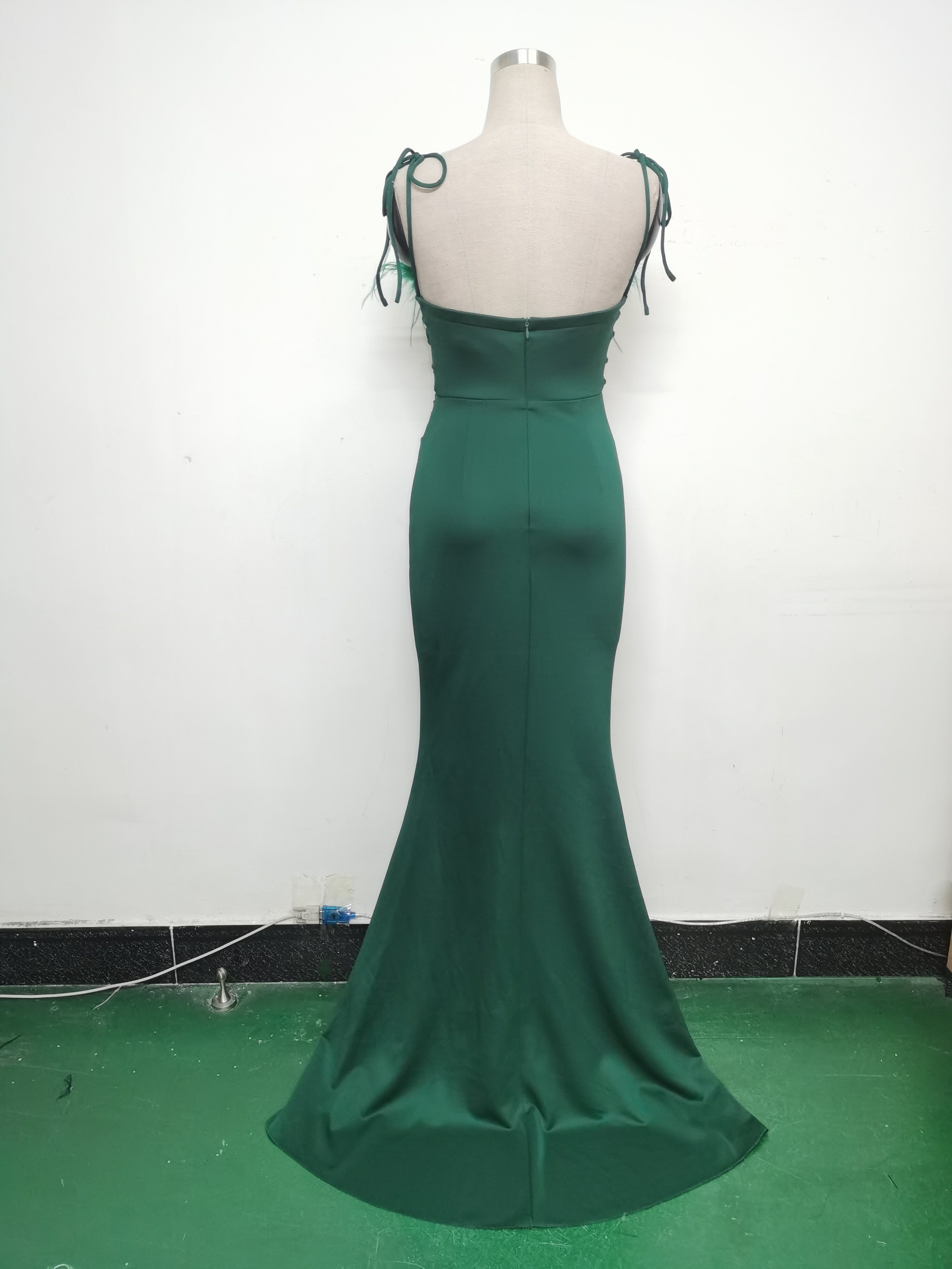 Feather Strap Slim Waist Solid Color Slit Evening Dress 25