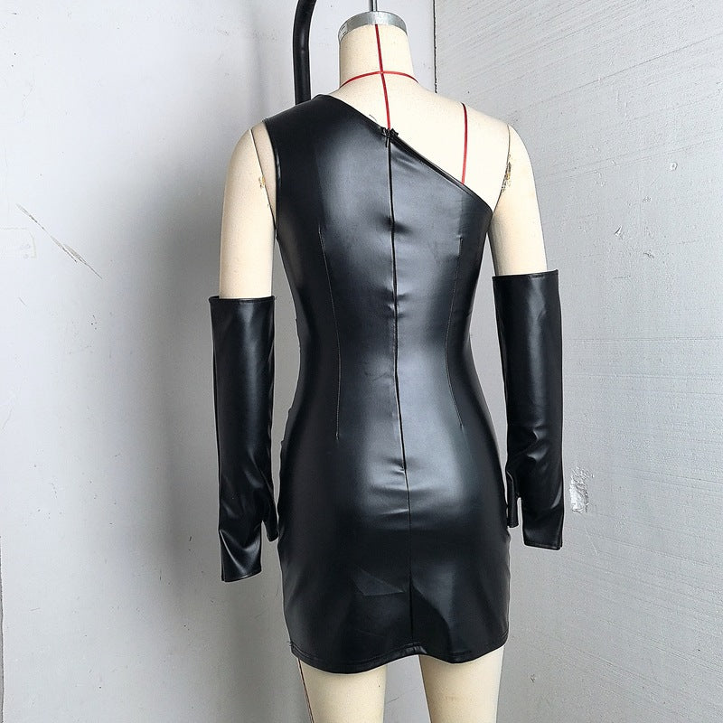 Women Pu-Leather Slash Shoulder Sleeveless Sleeve Bodycon Dress 9