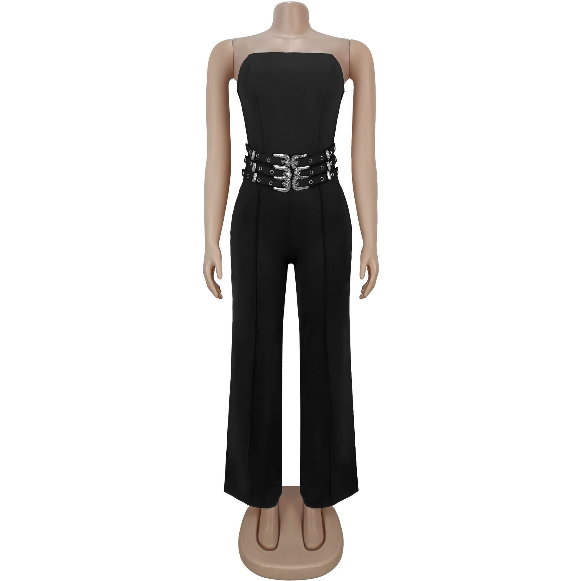 Women Casual Sexy Strapless Jumpsuit with Metal Buckles 4