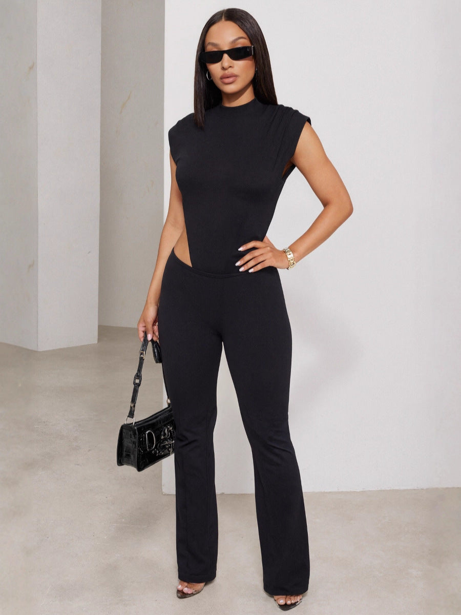 Women's Round Neck Sleeveless Side Cut-Out Black Bodysuit Top & Tight Fitting Pants Two-Piece Set 5