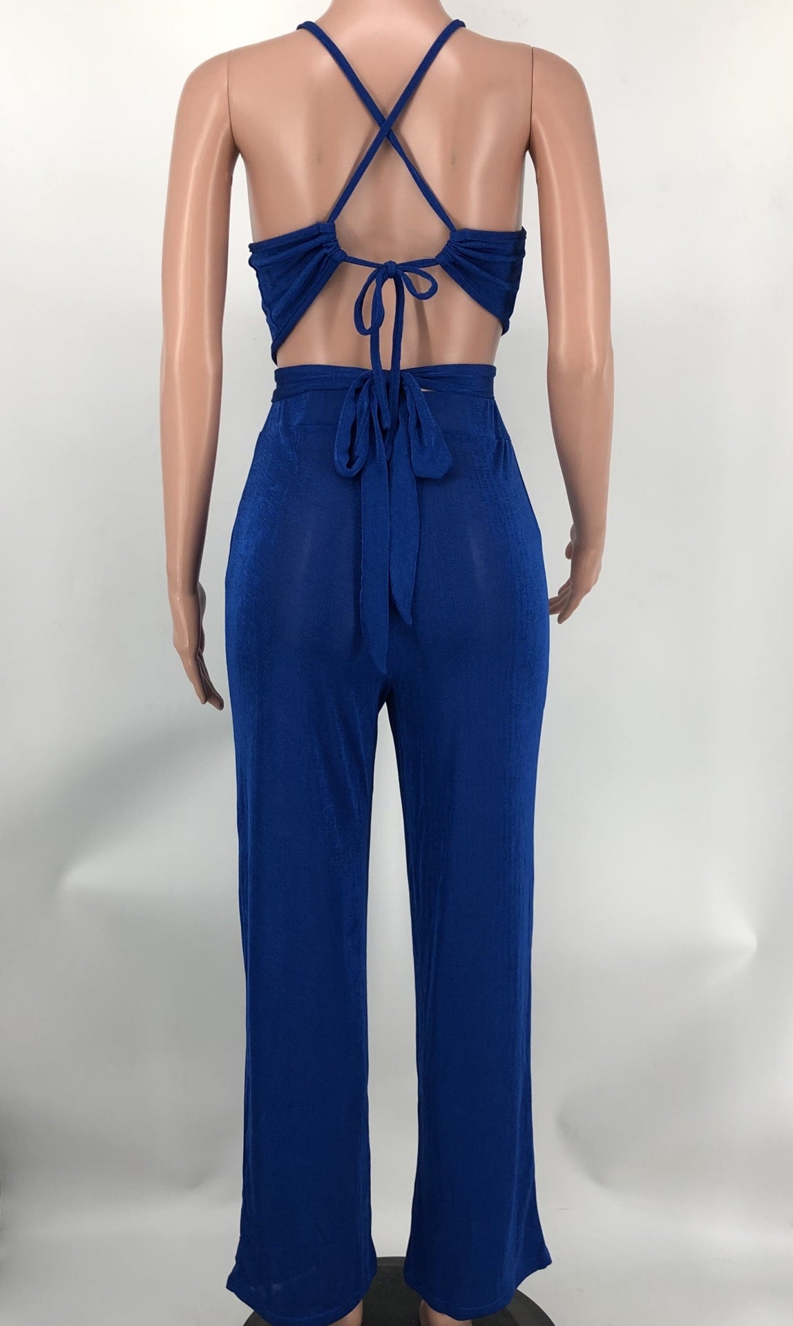 Women Halter Neck Crossover Crop Top andSolid Wide Leg Pants Two-Piece Set 22