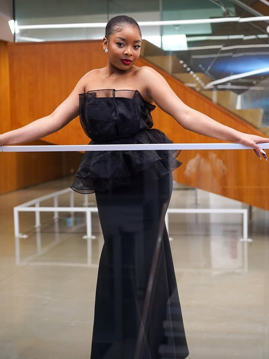 Summer Strapless Ruffled Mesh Patchwork Solid Mermaid Evening Dress 5