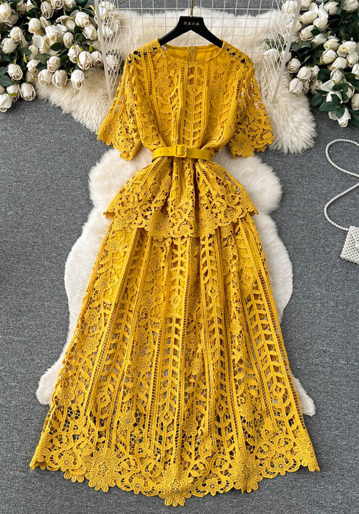 Women French-Style Short-Sleeved Openwork Lace Dress