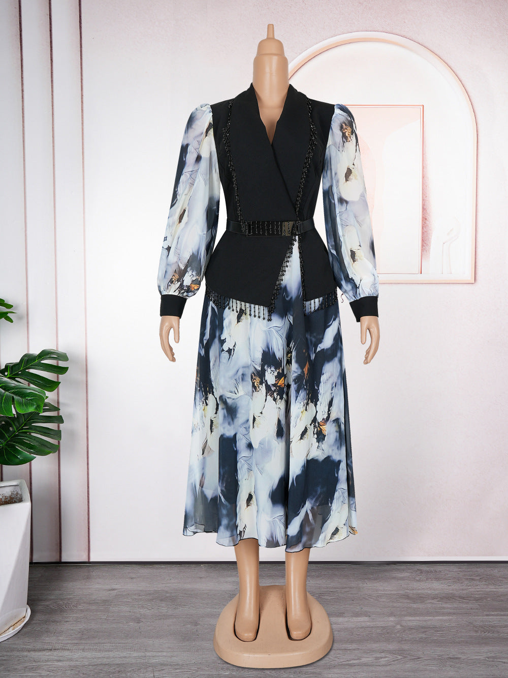 Plus Size Women's Elegant African Print Autumn/Winter Chic Color Block Midi Dress 6