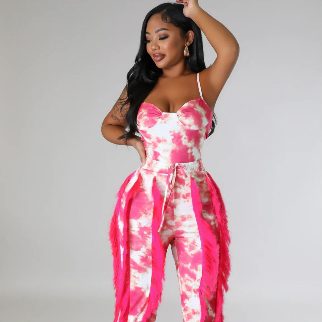 Women's Two-piece Pants V-Neck One-Piece bodysuit Top Sexy Tie-Dye Tassel Trousers Set 6