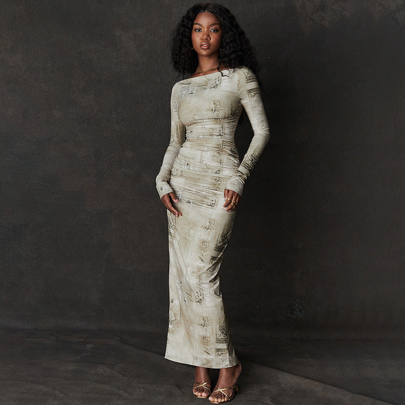 Women Fashion Gathered Printed Dress 3