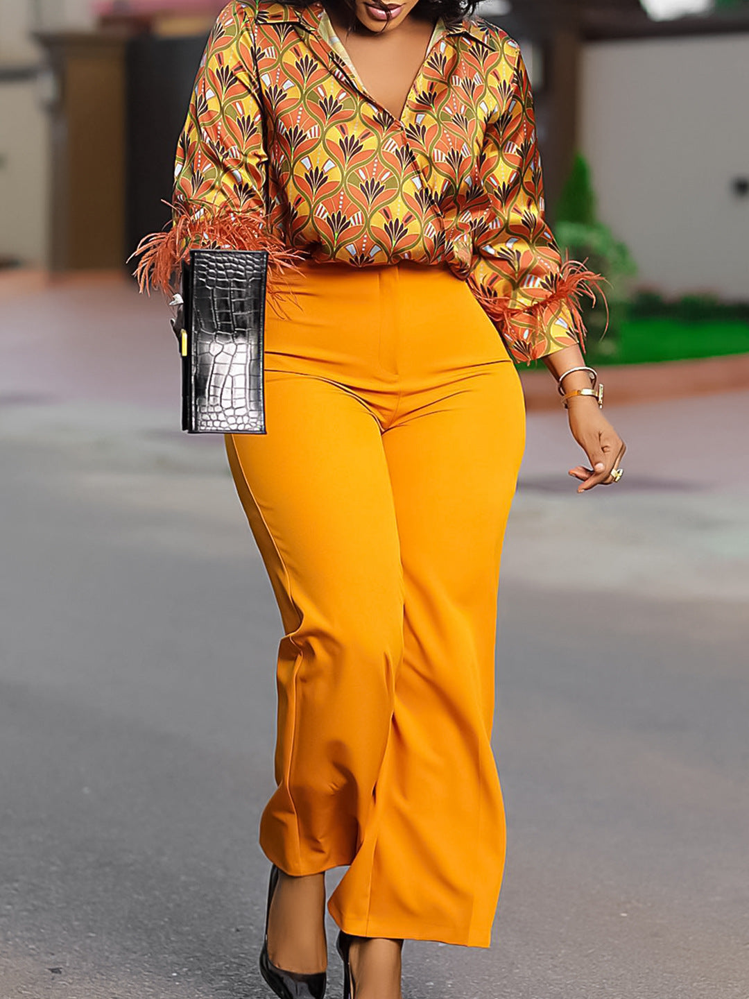 Women's Printed Long Sleeve Shirt Chic Elegant Wide Leg Pants Fashion African Suit 6