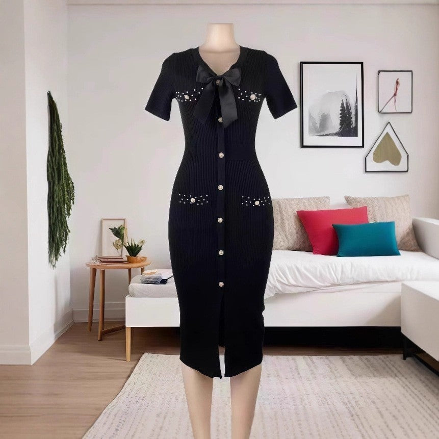Women French V Neck Bow Short Sleeve Beaded Button Knitting Slit Dress 11