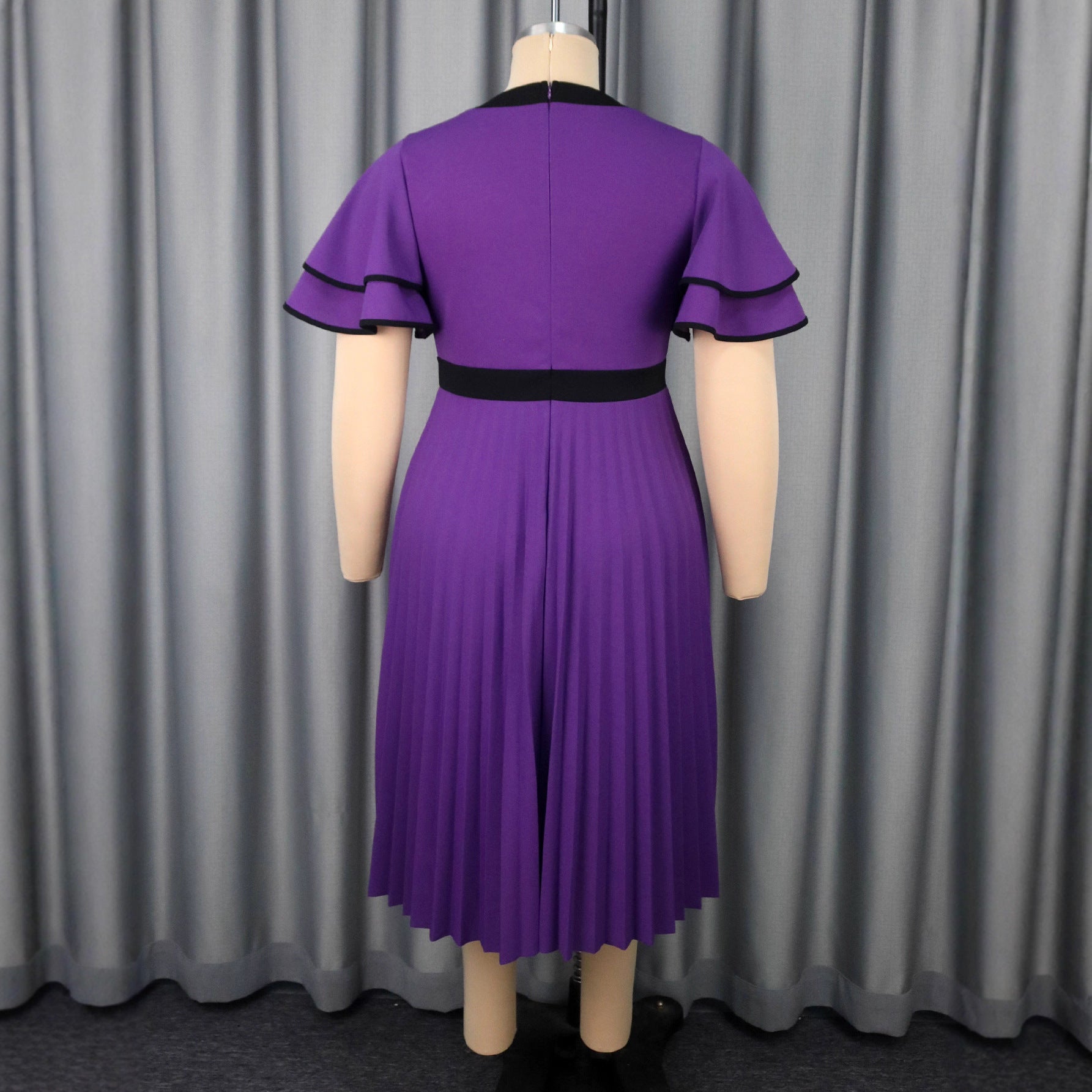 Plus Size Elegant Round Neck Bow Ruffle Sleeve Slim Waist Pleated Party Dresses 5