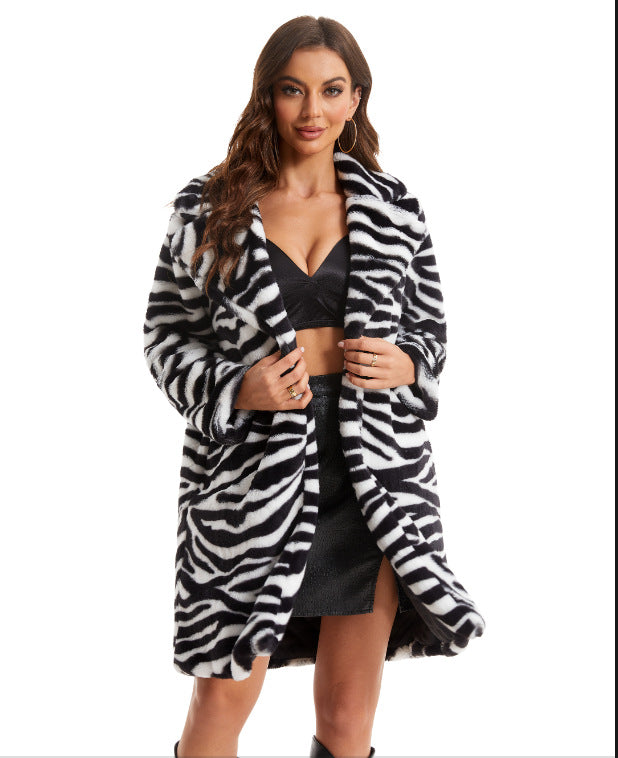 Women Autumn and Winter Zebra Print Faux furry Turndown Collar Warm Jacket 5