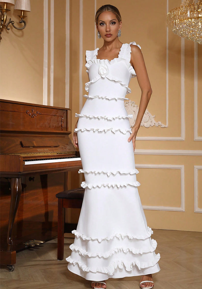 Women ruffled backless square neck bandage fishtail evening dress