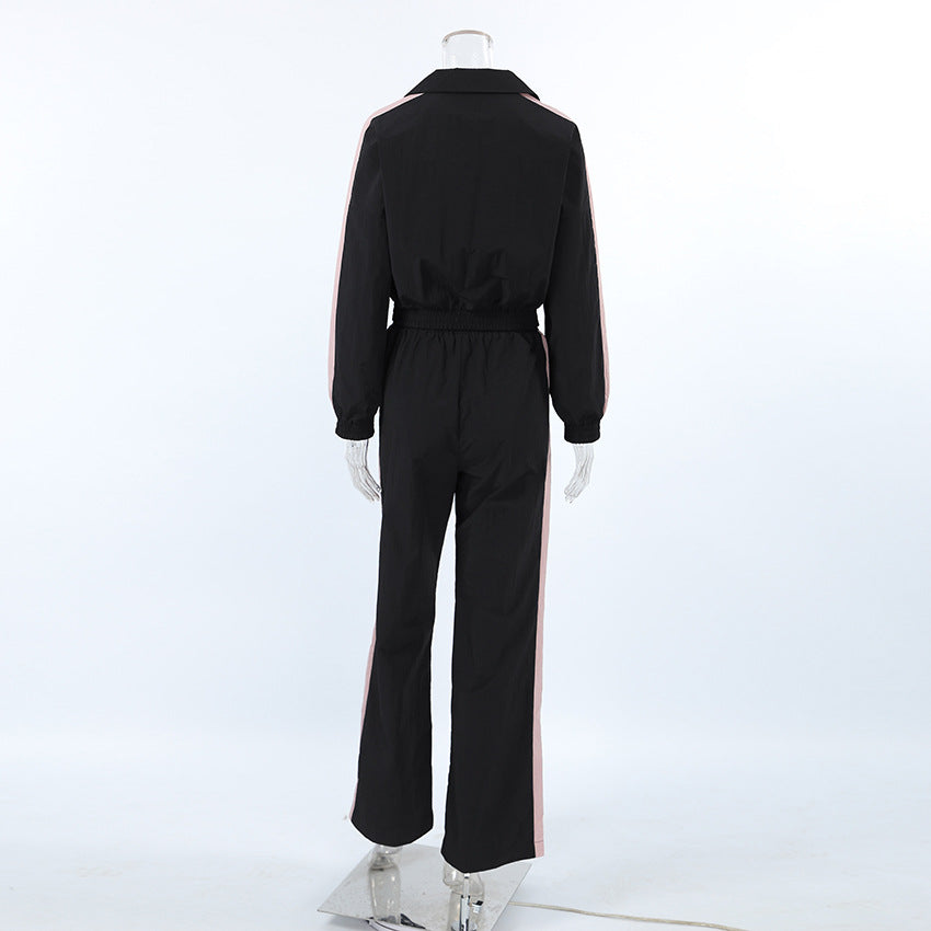 Women American contrast color sports casual jacket trousers Two Piece Set 9