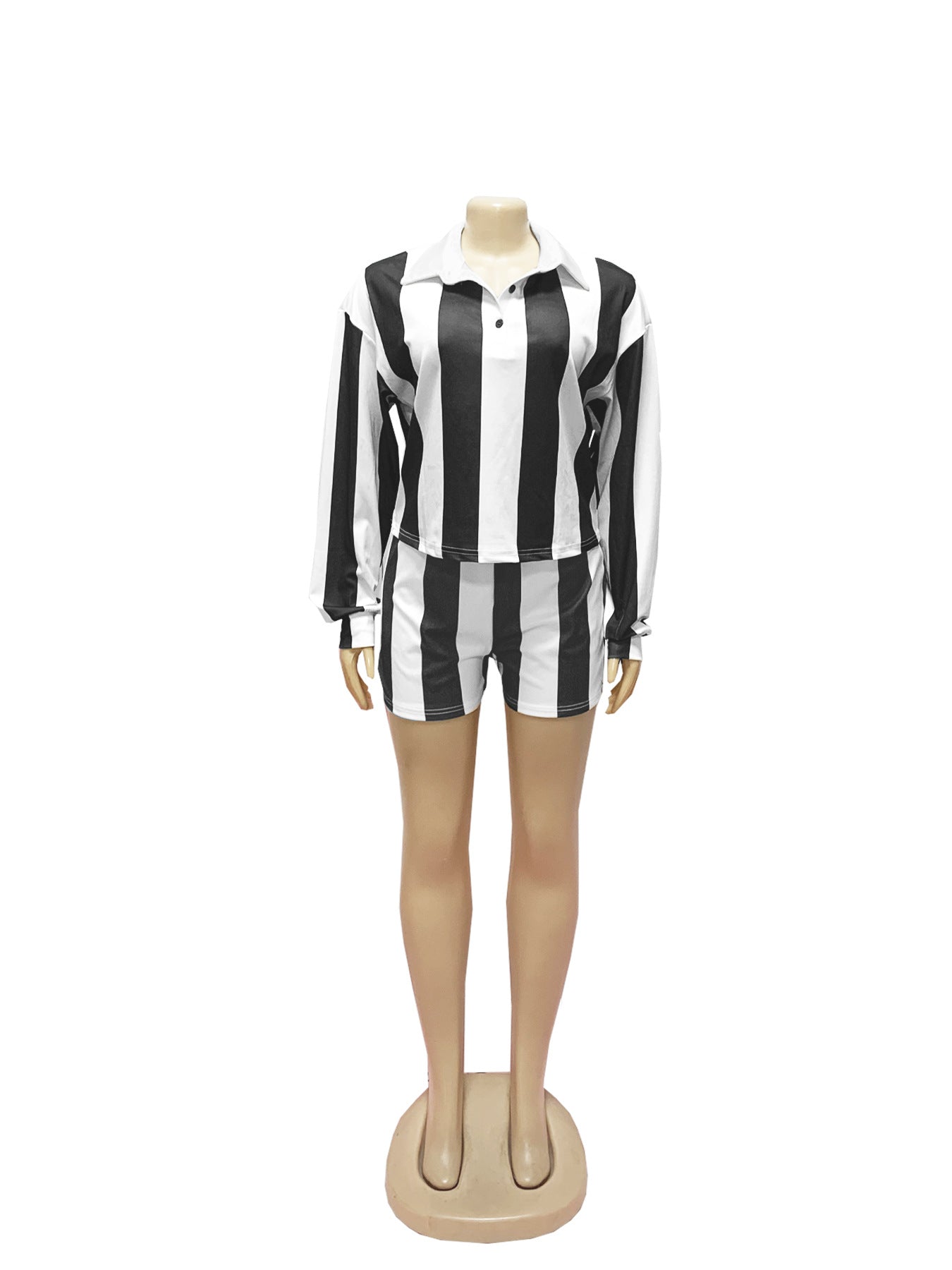 Women Summer Casual Striped Turndown Collar Top and Shorts Two-Piece Set 12