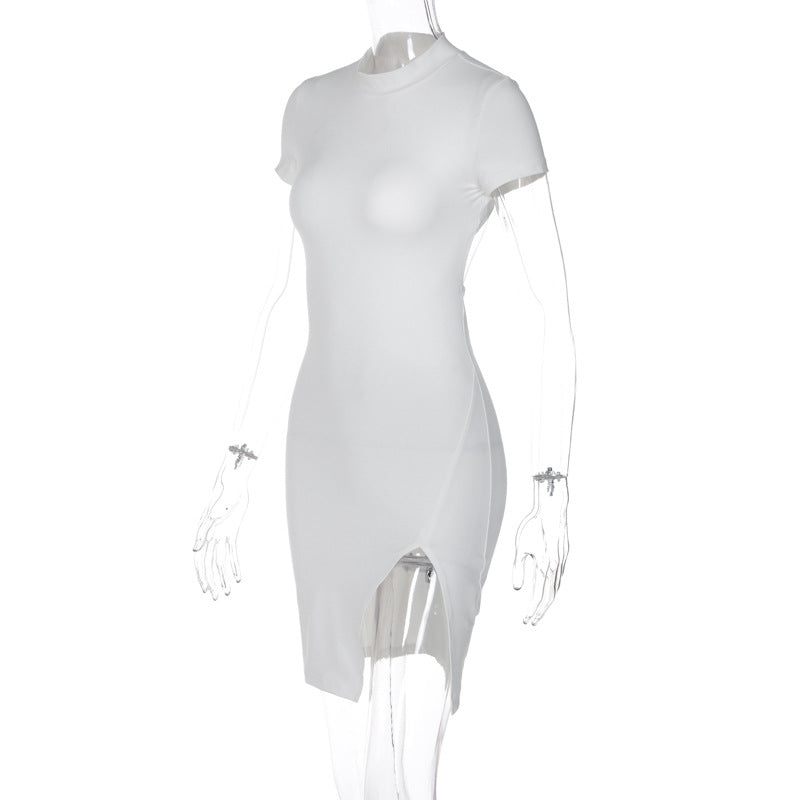 Women Summer Short Sleeve High Neck Sexy Backless Slit Lace Up Mini Dress 9