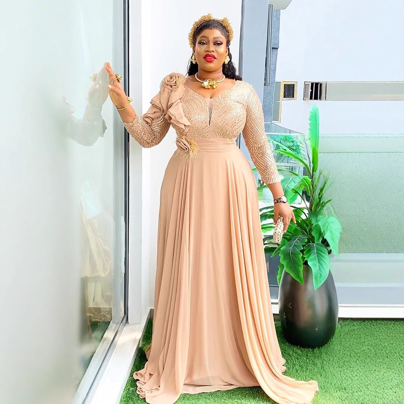 African Women's Clothing Plus Size Sequin Chiffon Flower Long Dress 5
