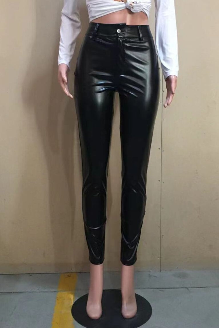Winter Black High Waist Tight Sexy Leather Pants 5