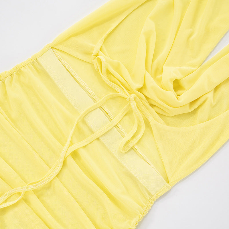 Women Sexy Mesh Halter Neck Swinging Neck Large Backless Gathered Bodycon Dress 15