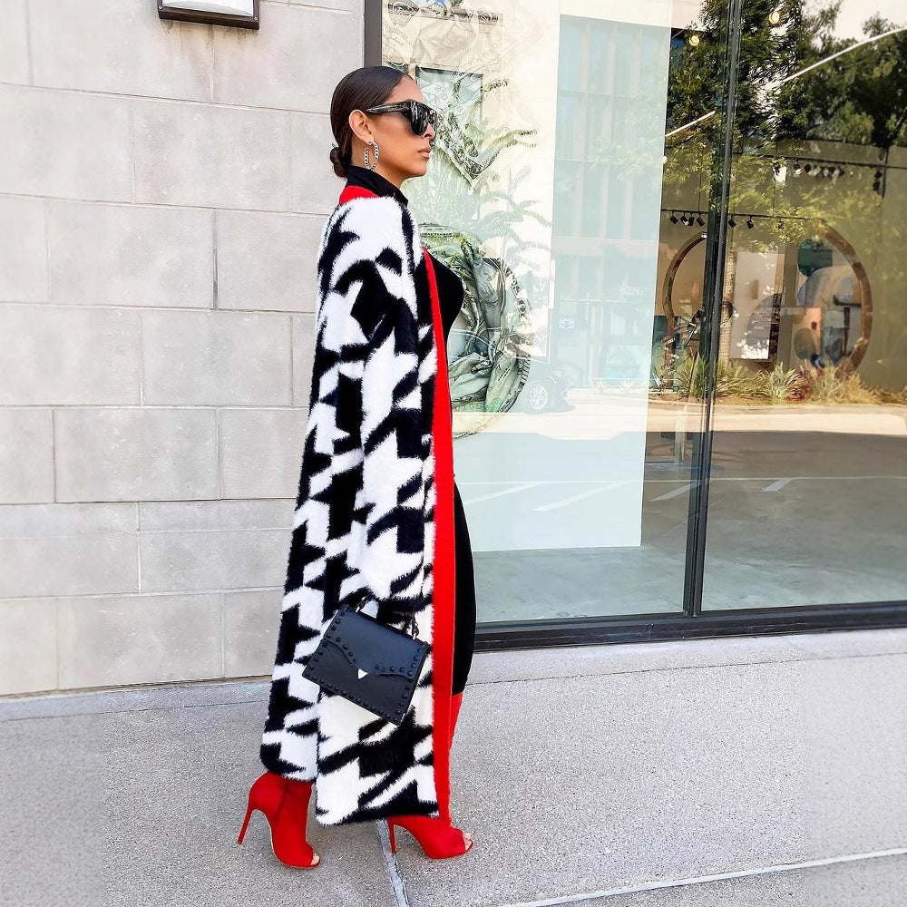 Women Autumn and Winter Houndstooth Long Coat 5