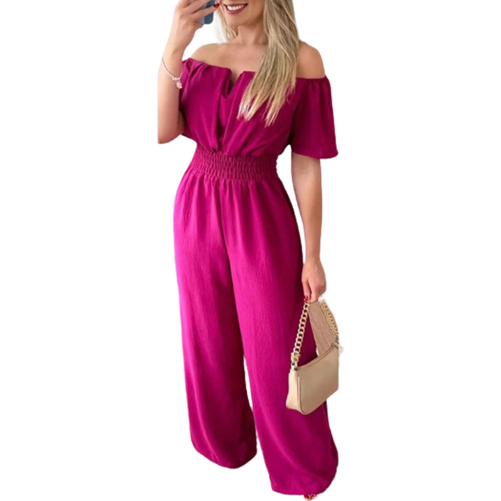 Women Off Shoulder V Neck Loose Straight Jumpsuit 16