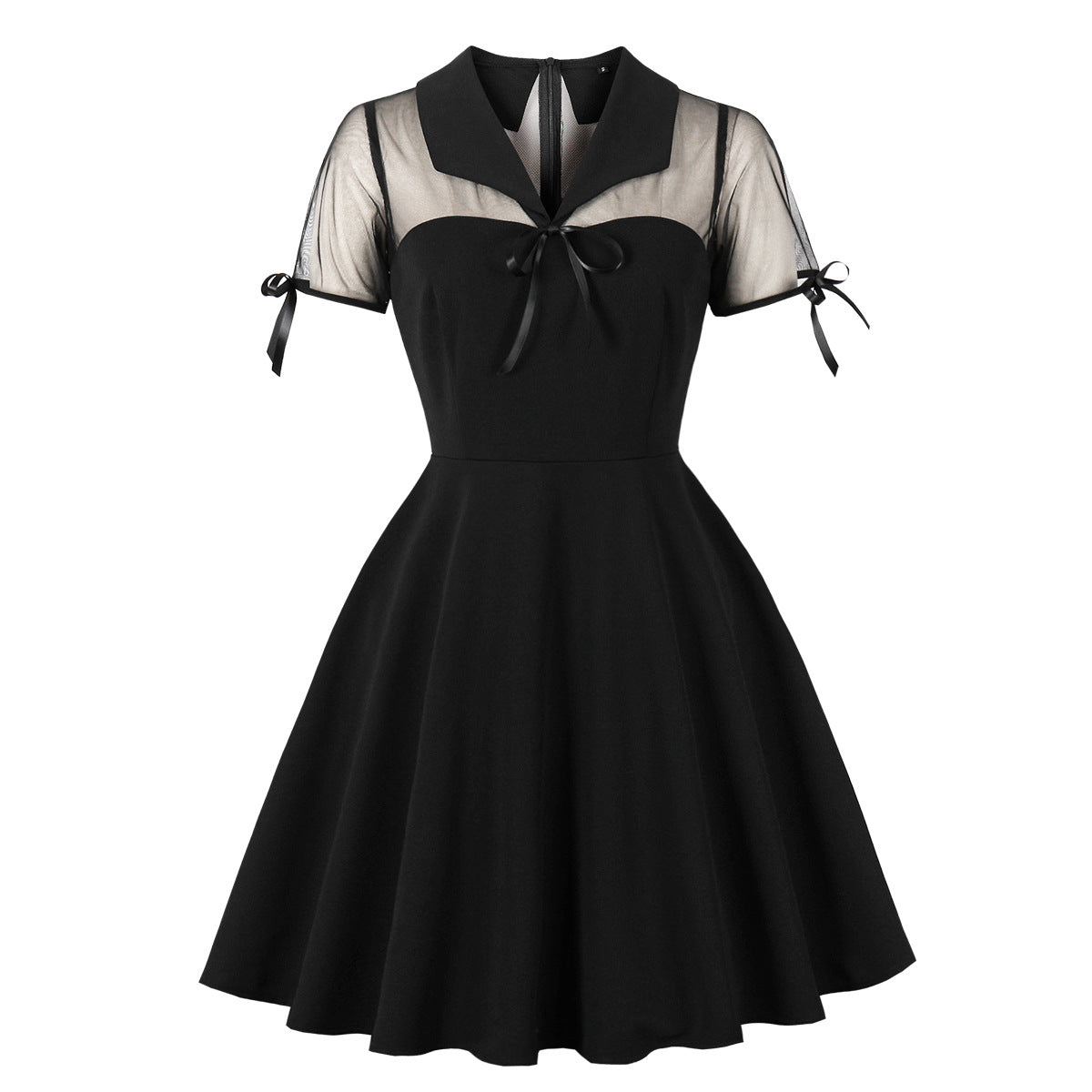 Women's Slim Waist Turndown Collar Bow Short Sleeve Chic Elegant A-Line Dress