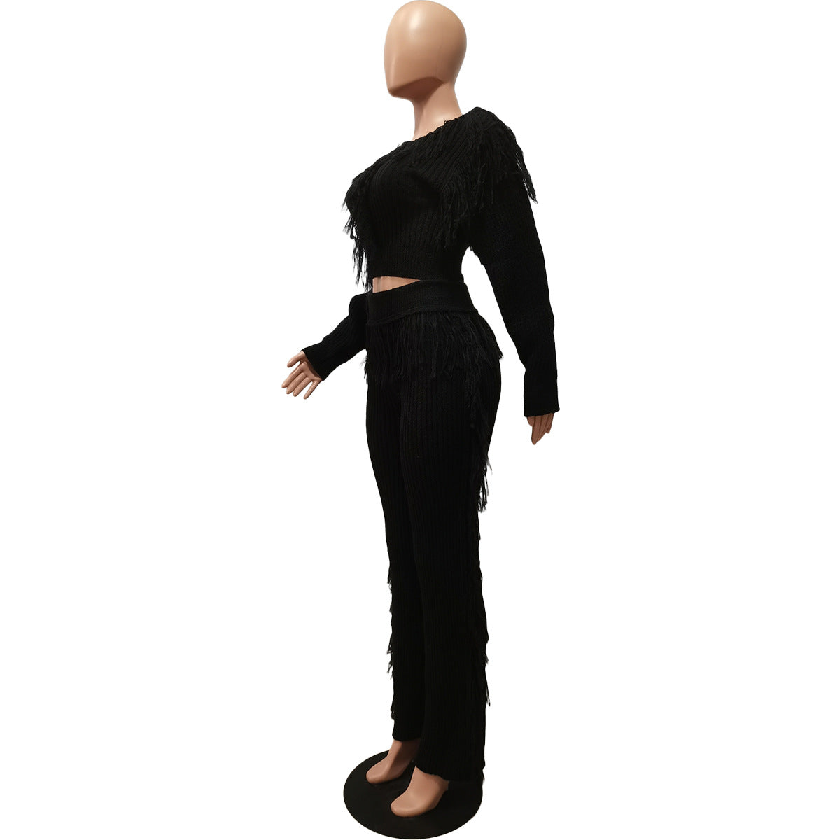 Women'S Clothing Casual Solid Color Knitting Long Sleeve Tassel Two Piec Pants Set Women'S Knitting Shirt Trousers 14