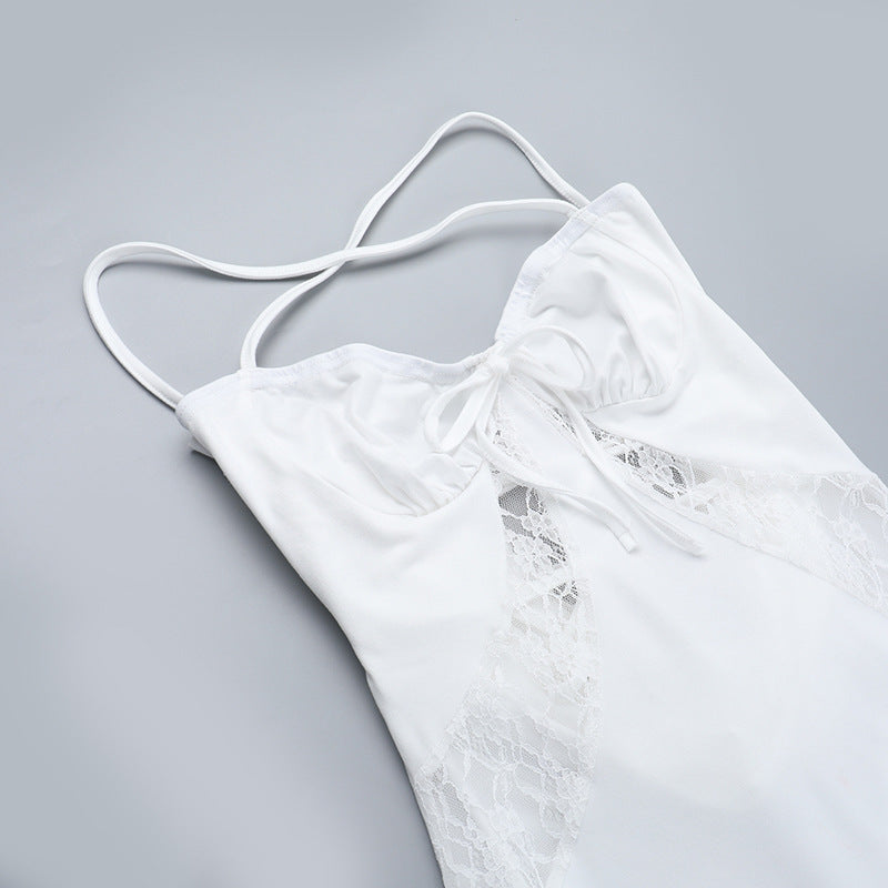 Women Lace Patchwork Lace-Up Strapless Dress 10