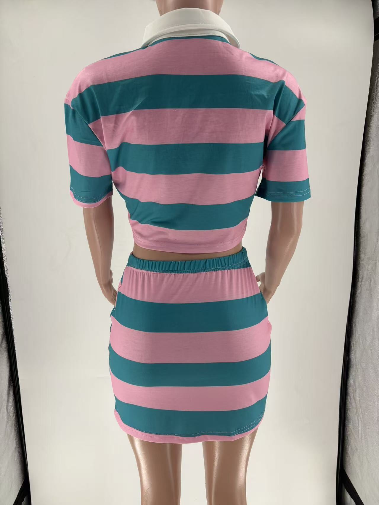 Women Autumn Contrast Striped Shirt Collar Crop Top and Skirt Two-Piece Set 7