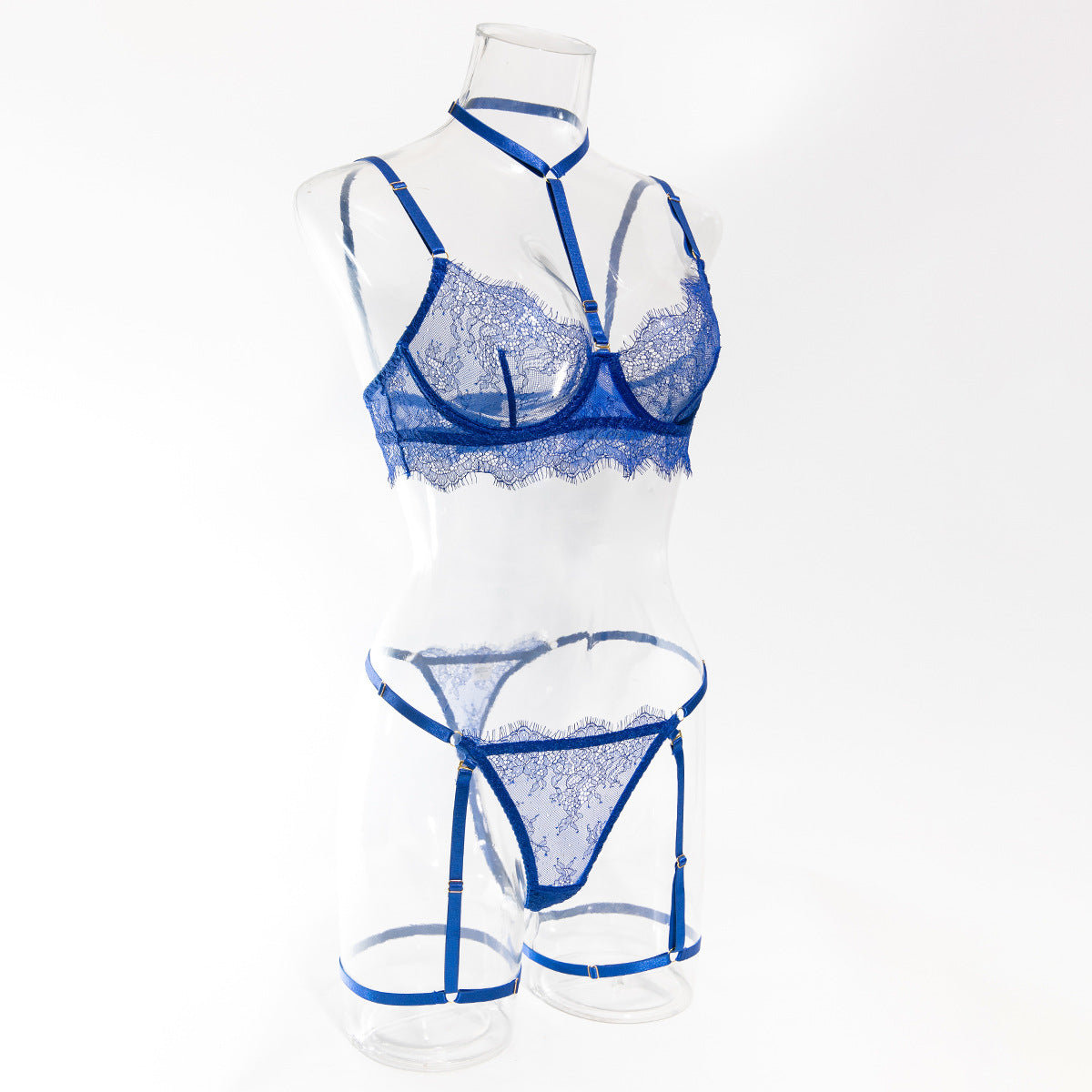 Women hollow lace eyelash halter neck lingerie set with detachable leg loops 37