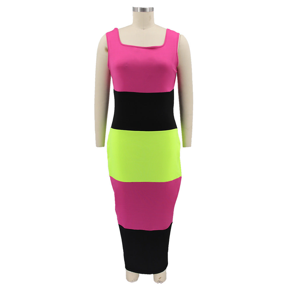 Multicolor Patchwork Plus Size U Neck Strappy Women's Sleeveless Long Dress 8