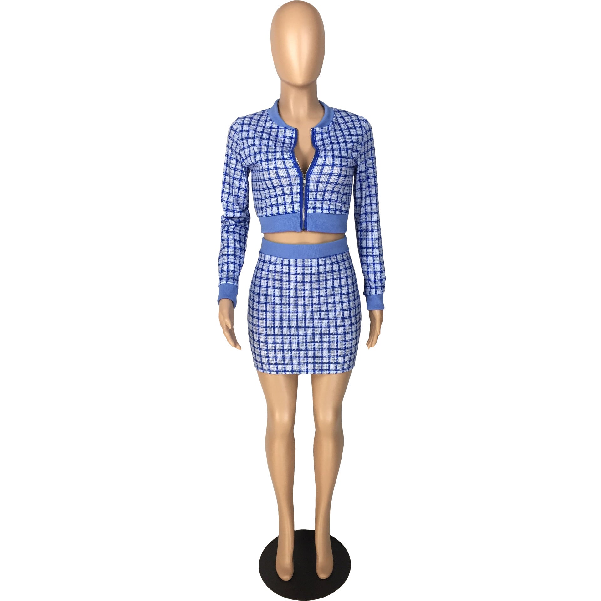 Women Plaid Ribbed Long Sleeve Top and Skirt Two-piece Set 23