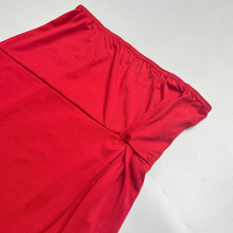 Women Sexy Tie-Wrap Chest Solid Top And Slit Skirt Two-piece Set 14