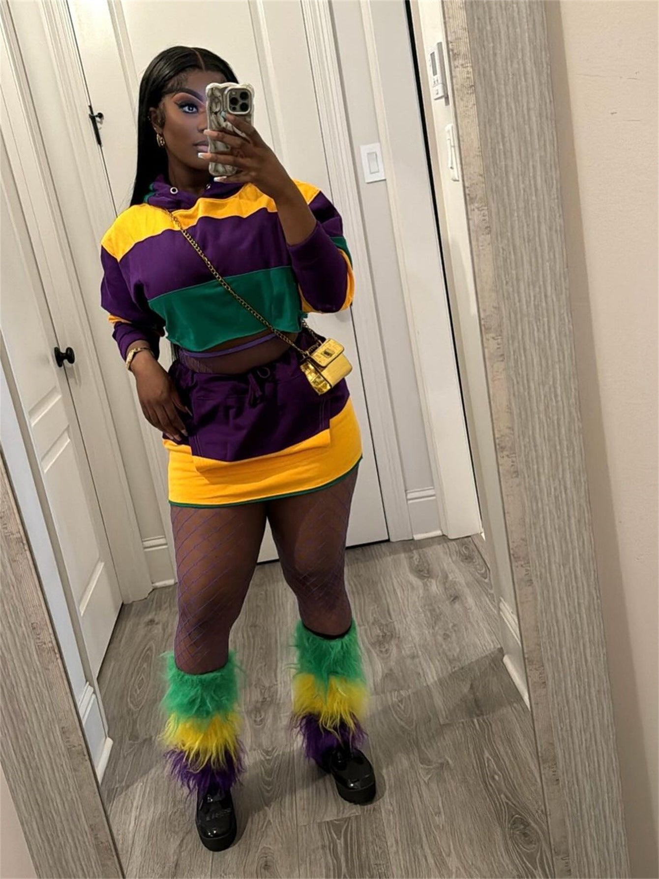 Contrast color trendy striped loose short top lace-up Bodycon short skirt set