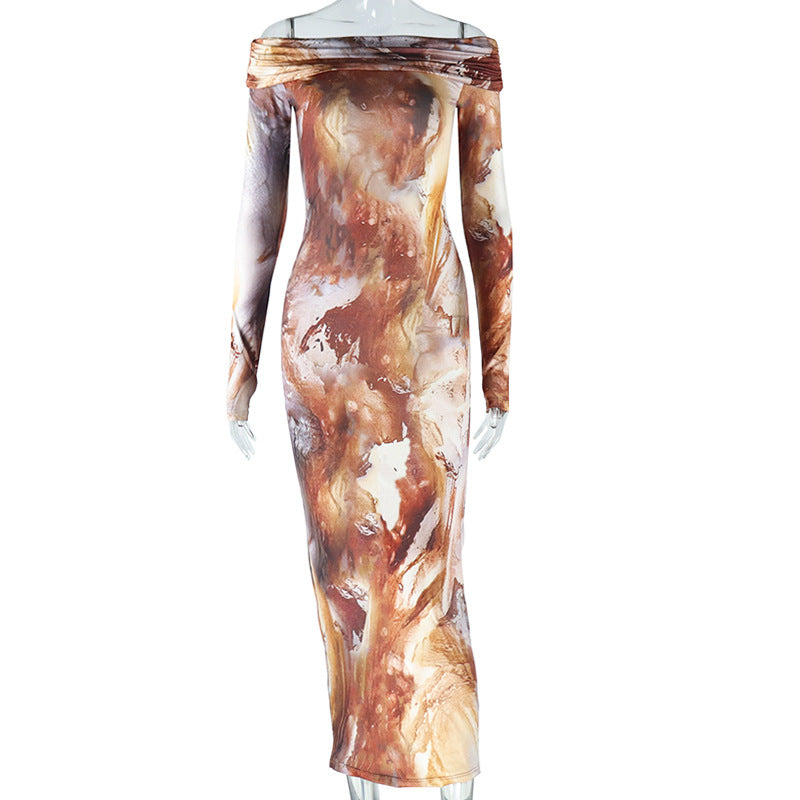 Women's Retro Fashion Print Sexy Off Shoulder Long Sleeve Trendy Dress 7
