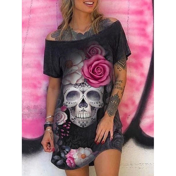 Women Sexy Slash Shoulder Skull Print Short Sleeve Dress