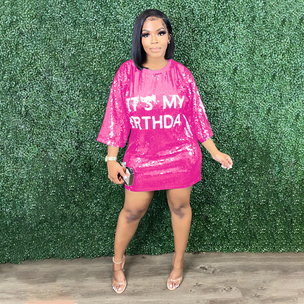 Women Round Neck Half-Sleeve Loose Sequin Print Dress 5