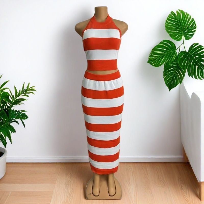 Striped Print Round Neck Sleeveless Top & Tight-Fitting Bodycon Skirt Casual Two-Piece Set 4