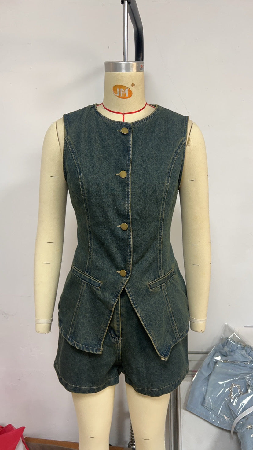 Summer Fashion Casual Sleeveless High Waist Women's Two Piece Denim Shorts Set 13