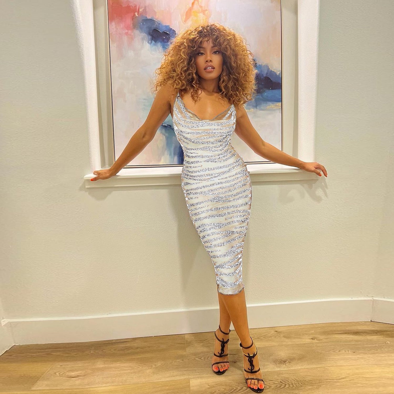 Women Sling Beaded See-Through Bodycon Dress 6