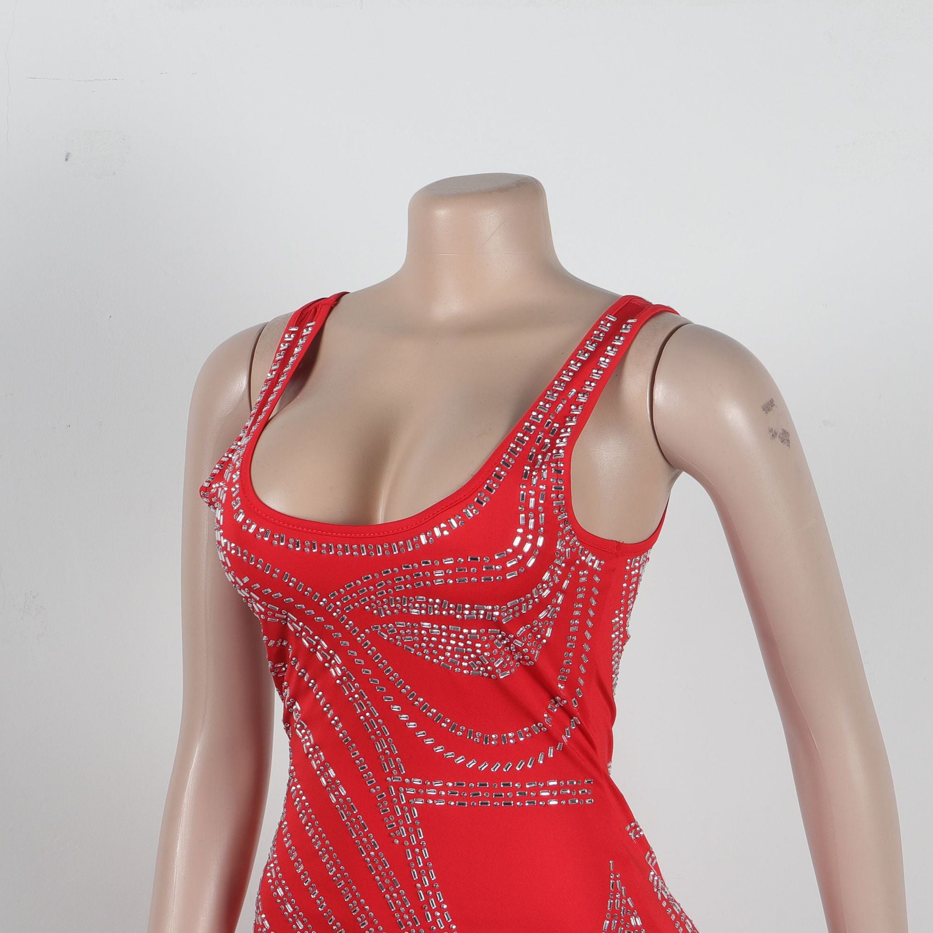 Women Sexy Beaded Sleeveless Bodycon Slit Dress 32