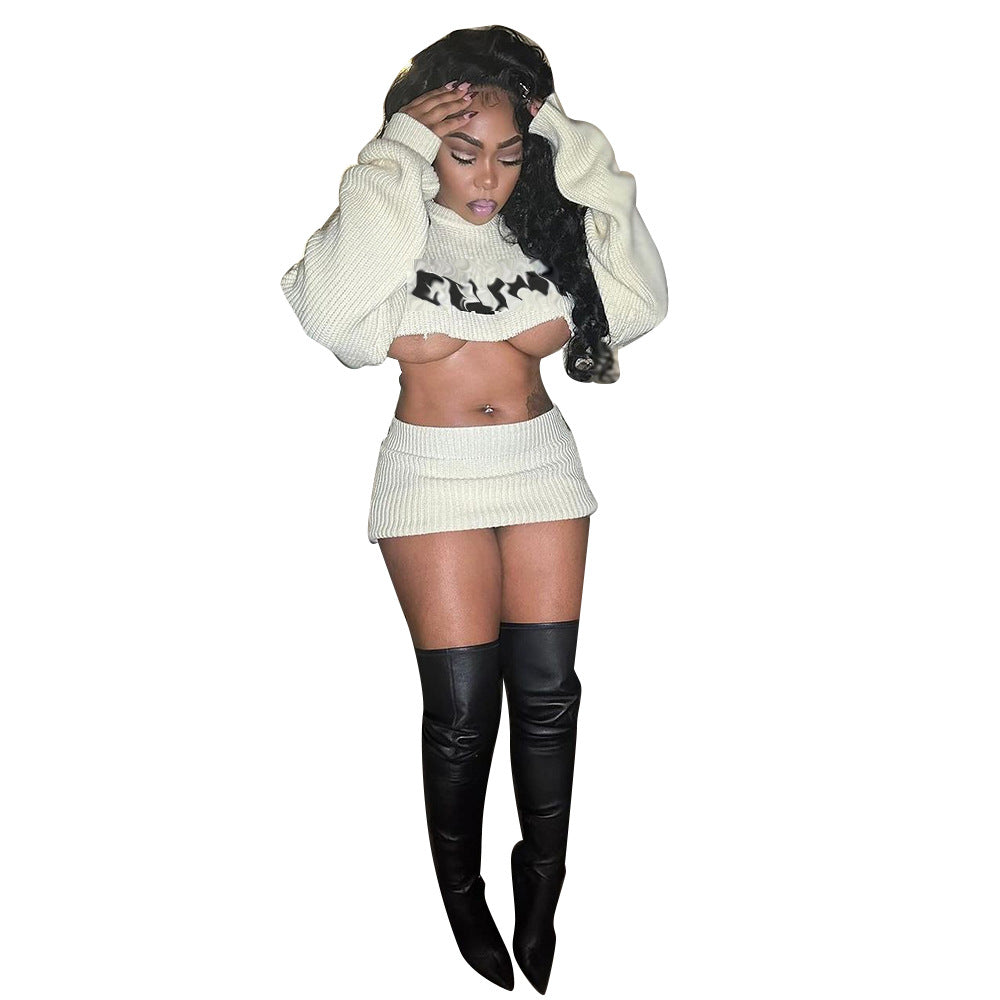 Women Autumn and Winter Sexy Embroidery Long Sleeve Crop Top and Skirt Two-piece Set 3