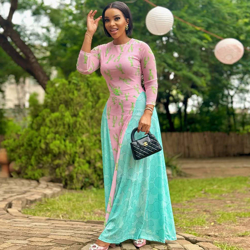 Women Patchwork Print Dress Round Neck Pleated Long-Sleeve Dress