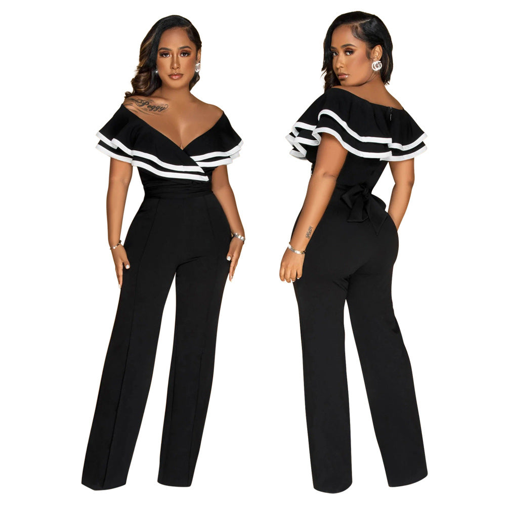 Women Summer Off Shoulder Short Sleeve Wide Leg Jumpsuit 3