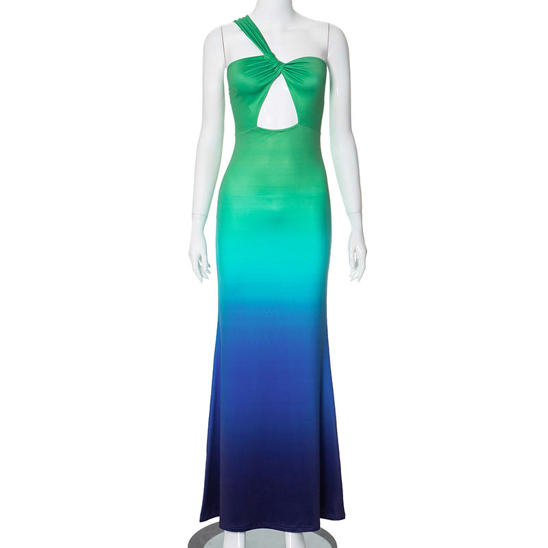 Women's Summer Chic Elegant One Shoulder Hollow Gradient Slim High Waist Long Dress 9