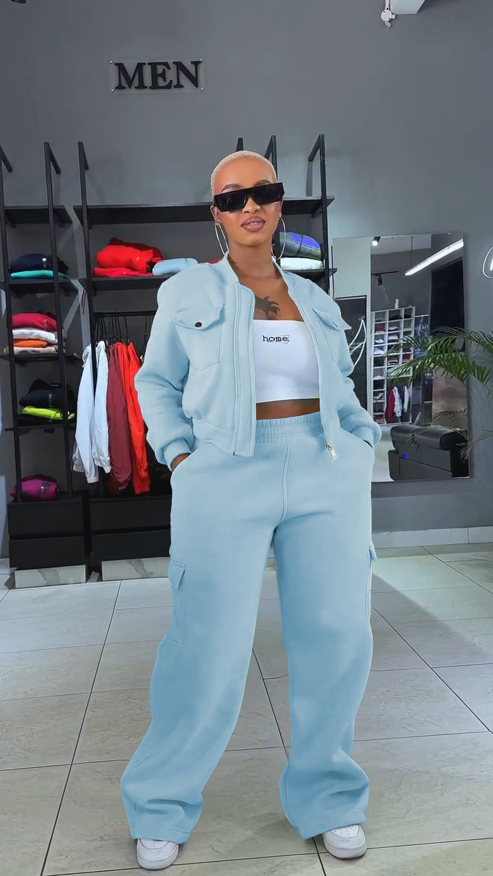 Women Fall/Winter Sports Casual Pocket Top and Pant Two-Piece Set 9