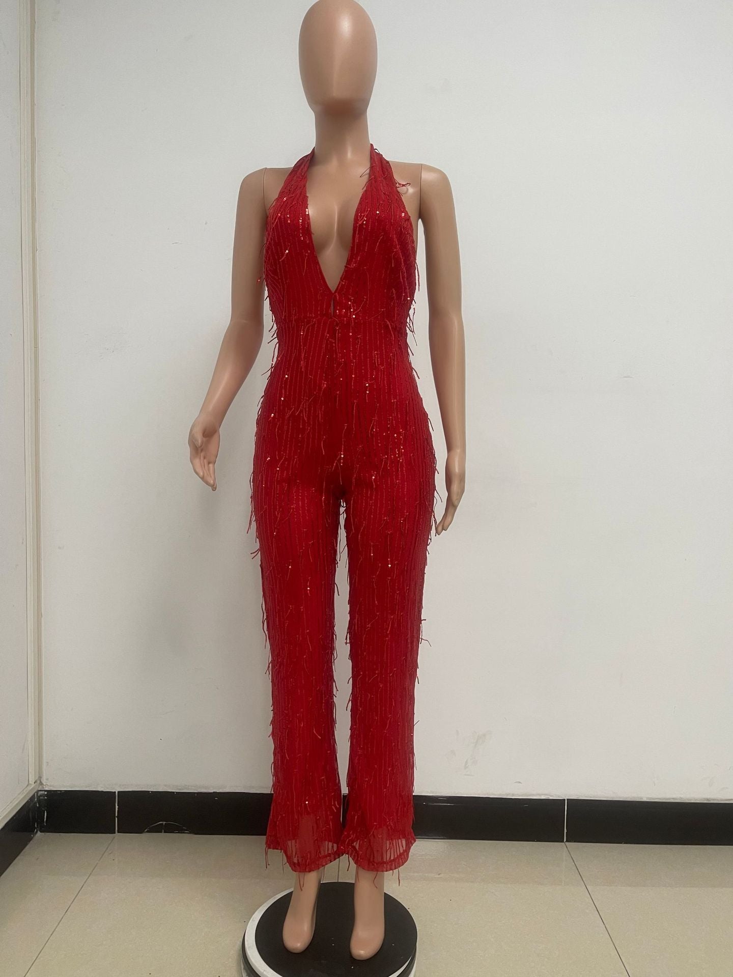 Women's Sleeveless Deep V Halter Neck Low Back Sequin Jumpsuit T 39
