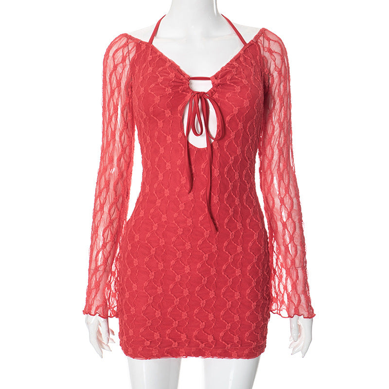 Women Spring Sexy Lace Hollow Tie Bodycon Dress 9