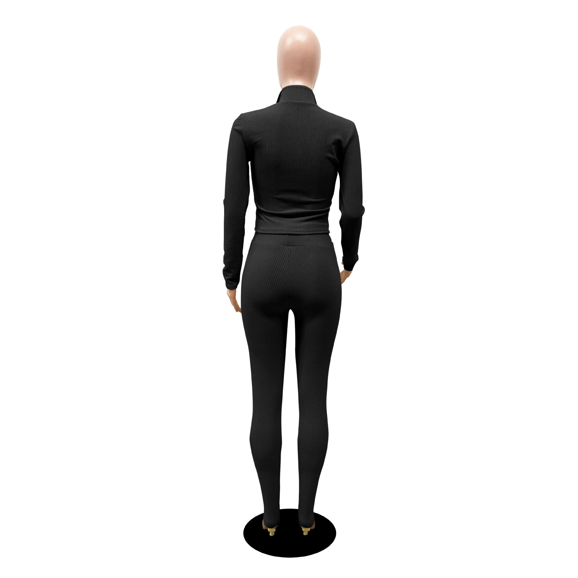 Women's Autumn Solid Color Ribbed Zipper Long Sleeve Tight Slim Sport Two Piece Pants Set 19