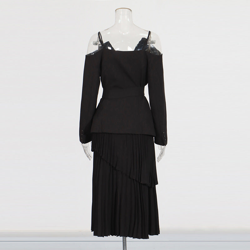 Off-Shoulder Strap Top High-Waist Pleated Skirt Two Piece Set 6