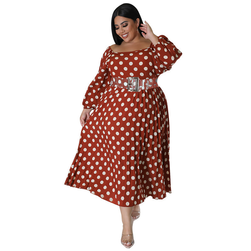 Plus Size Women'S Polka Dot Print Long Sleeve Pleated Dress With Belt
