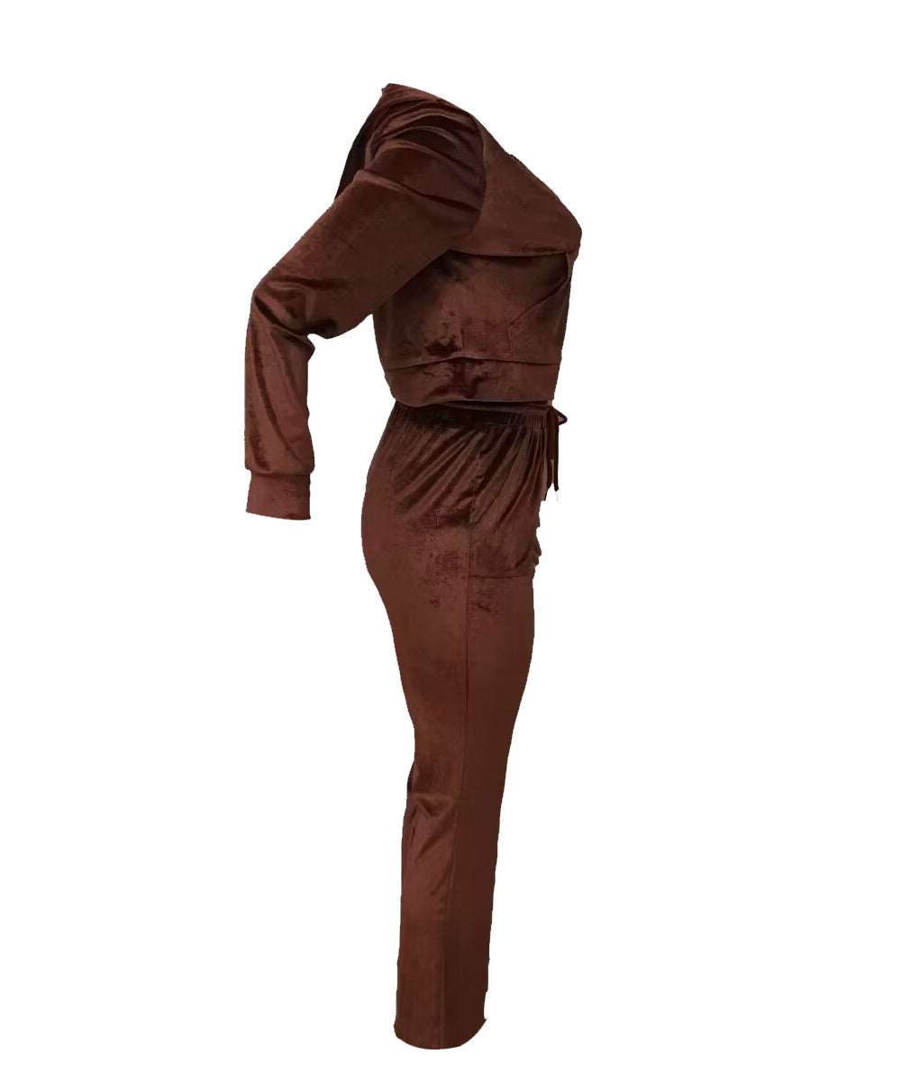 Winter Women velvet zipper hooded Top and Pant Casual two-piece set 12